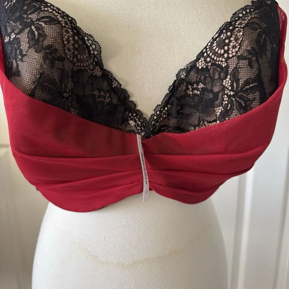 Adore Me Womens Bra Plus 42H Sexy Love Date Night Black Lace‎ Intimate Red
