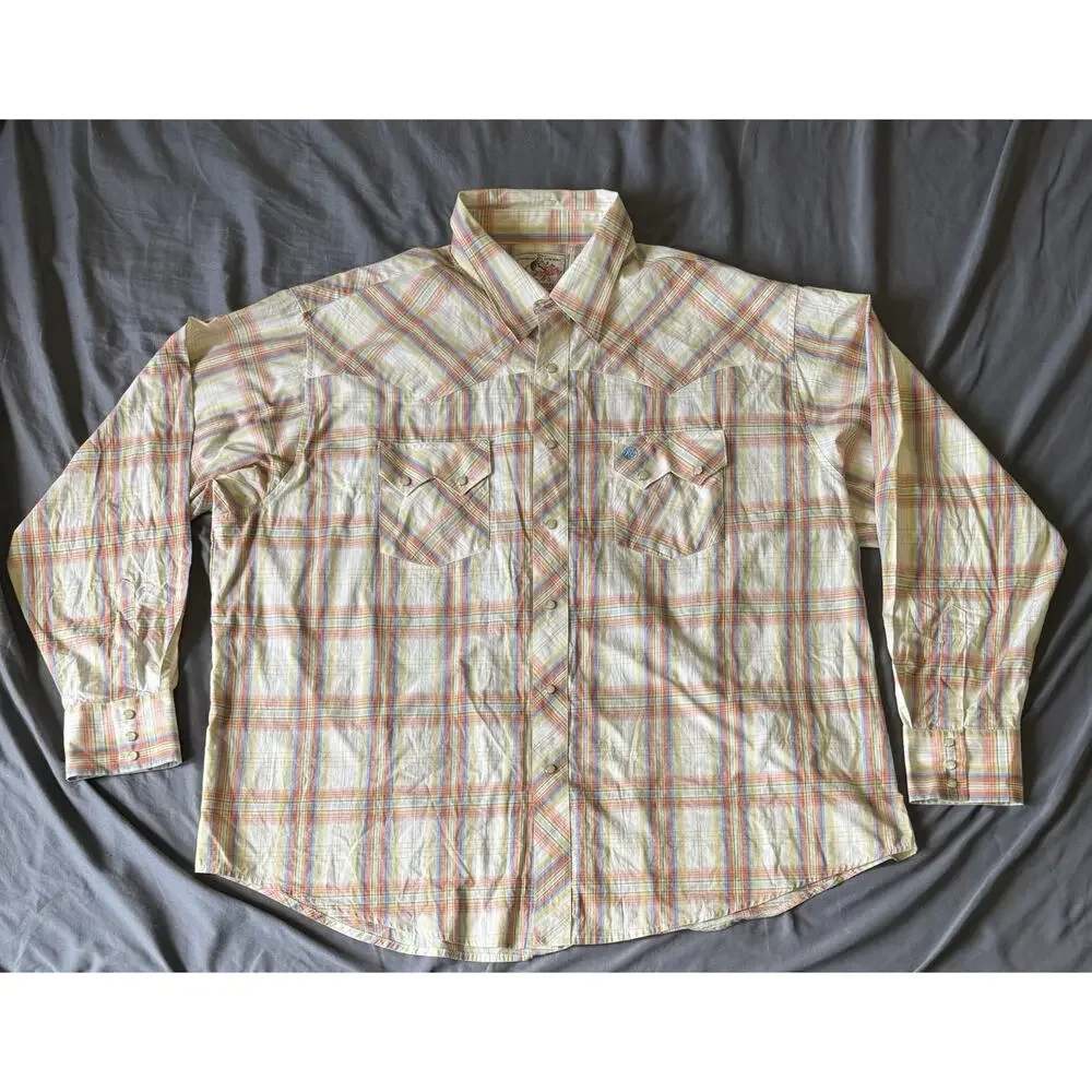 Wrangler American Cowboy‎ Pearl Snap Shirt Mens 3XL Yellow Plaid Western