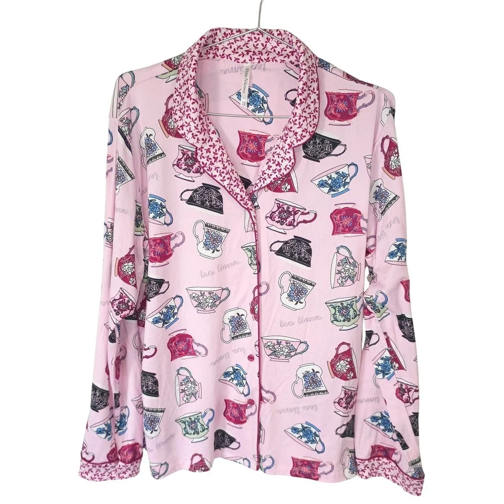 Flora Nikrooz Pink Tea Time Teacup Print Pajama Top Long‎ Sleeve Button Down M