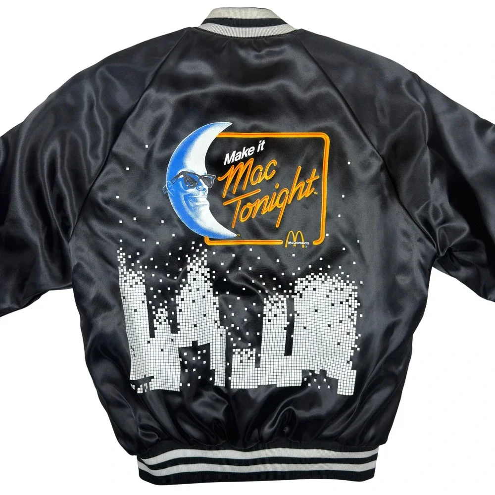 Vintage Pla-Jac McDonalds Mac Tonight Satin Jacket Black Varsity‎ Bomber Small