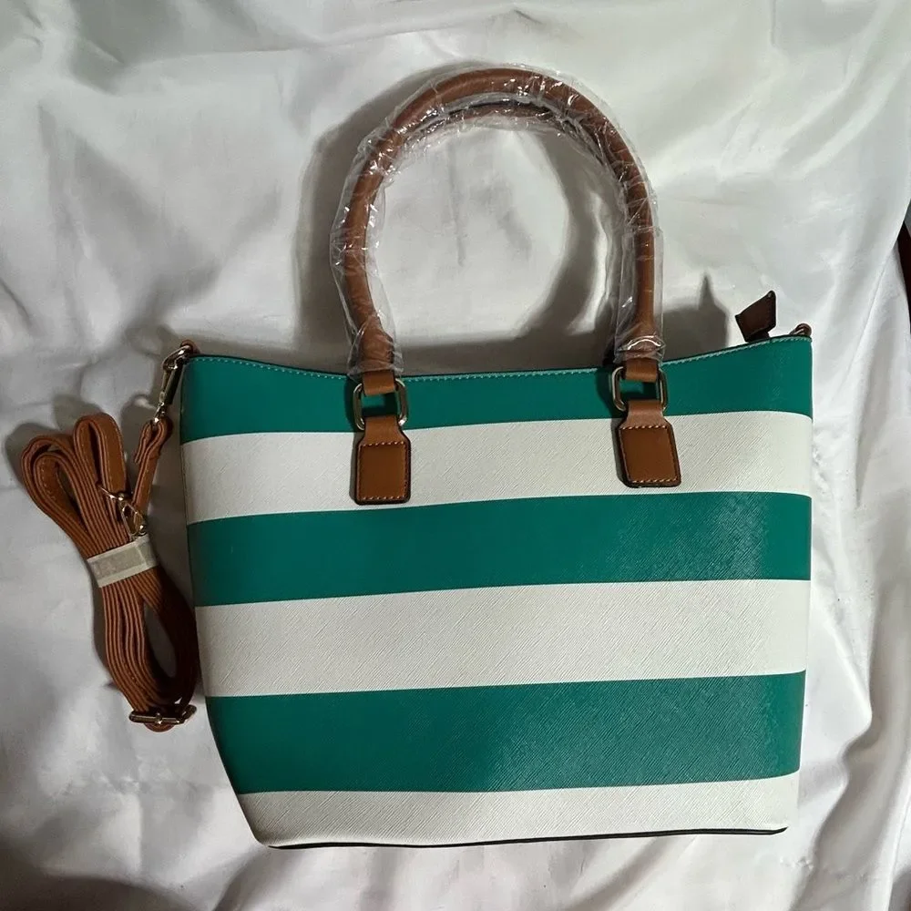 Purse NEW Teal and White Striped Handbag Tote Crossbody Strap Spring Chic Casual