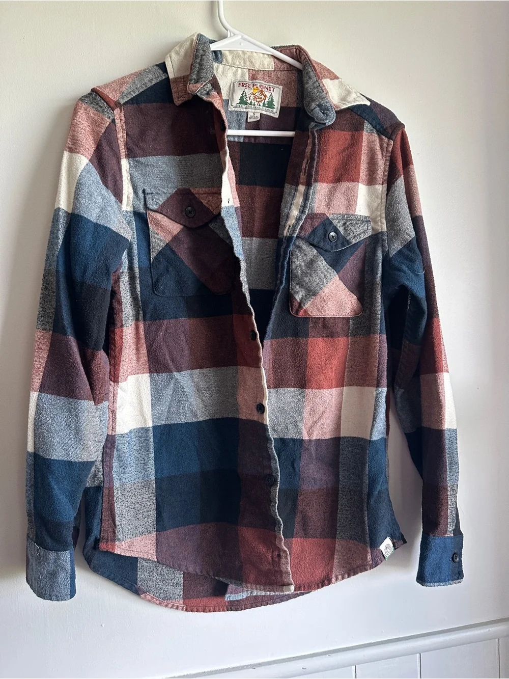 Free Planet Plaid Flannel Button Down Shirt Size S Rust Burgundy Blue Cotton