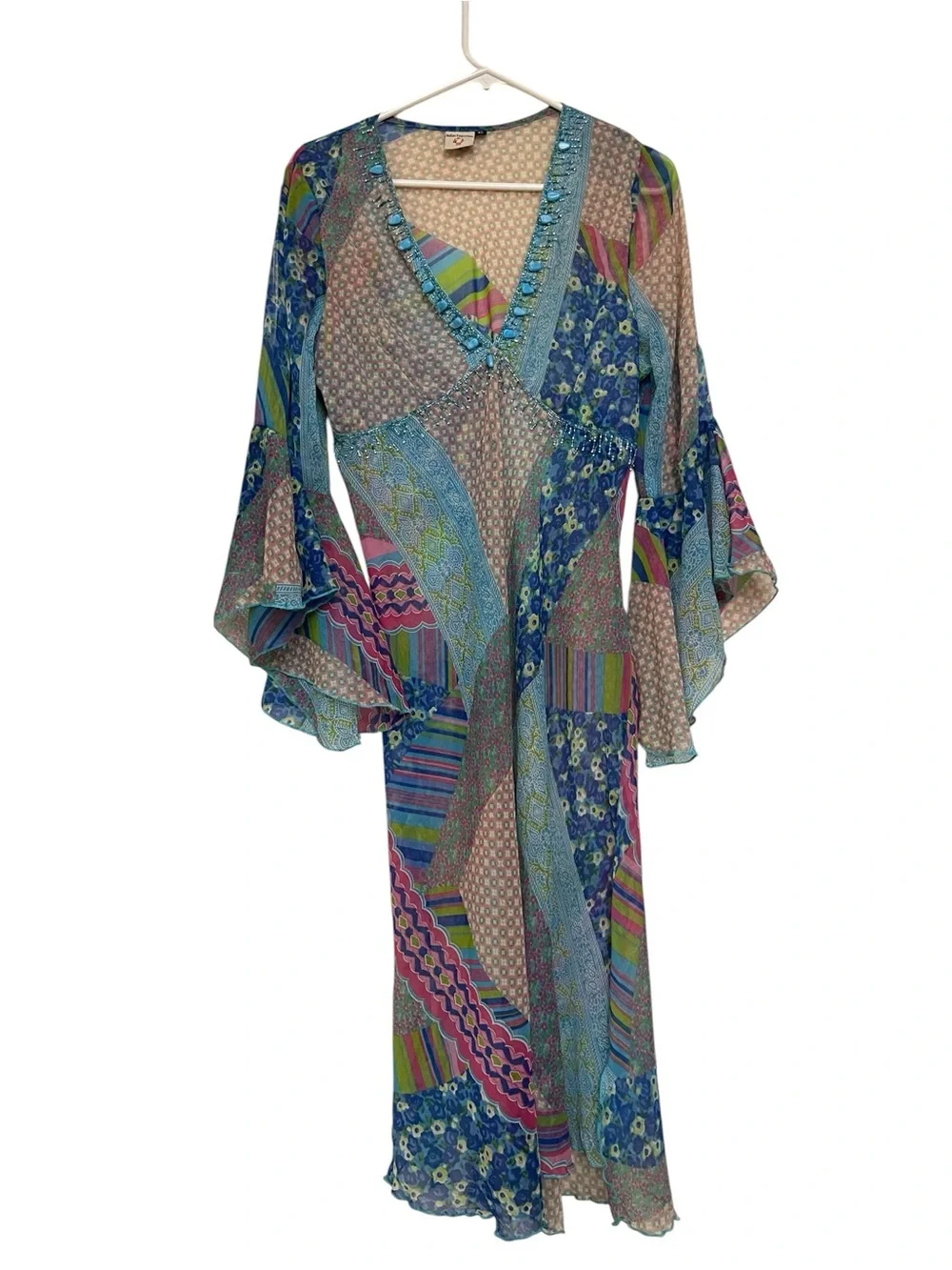 Boho Sheer Patchwork Tunic Dress Swim Cover-Up Bell Sleeve‎ Side Slit Viscose