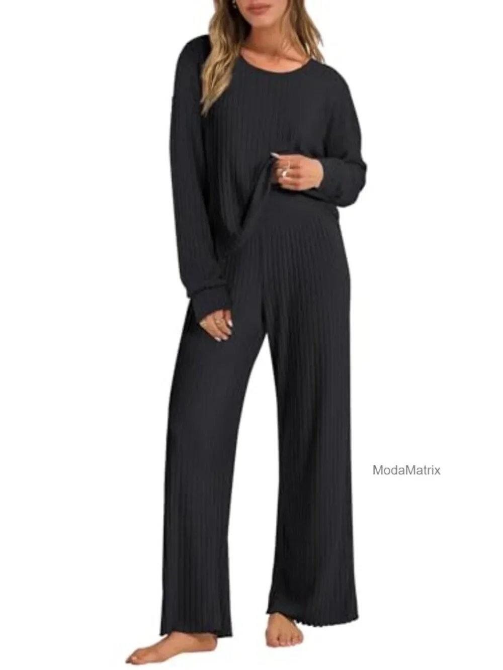 Women's 2-Piece Lounge Pajamas Set, Fleece-Lined Ribbed Knit, Long Sleeve, Wide