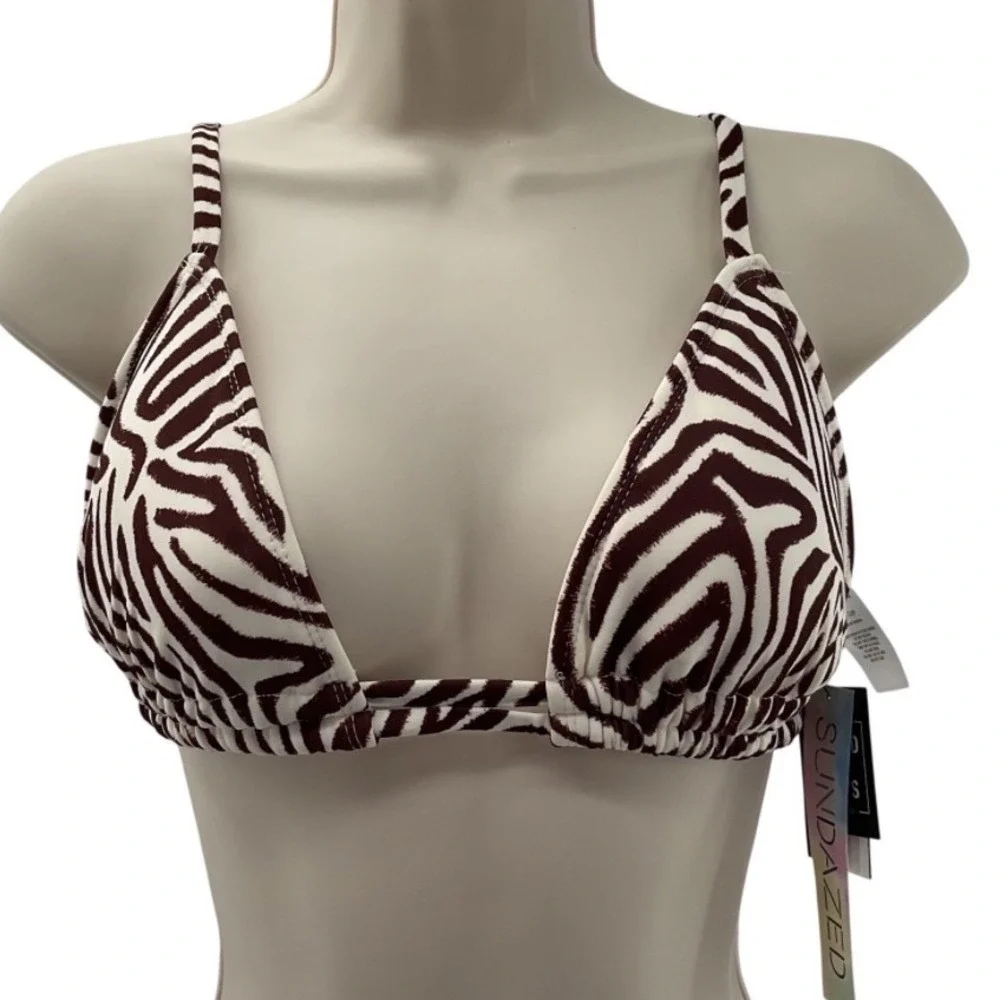 Sundazed Zebra Print Triangle‎ Bikini Top Mocha Brown Cream 32D F76111 NWT
