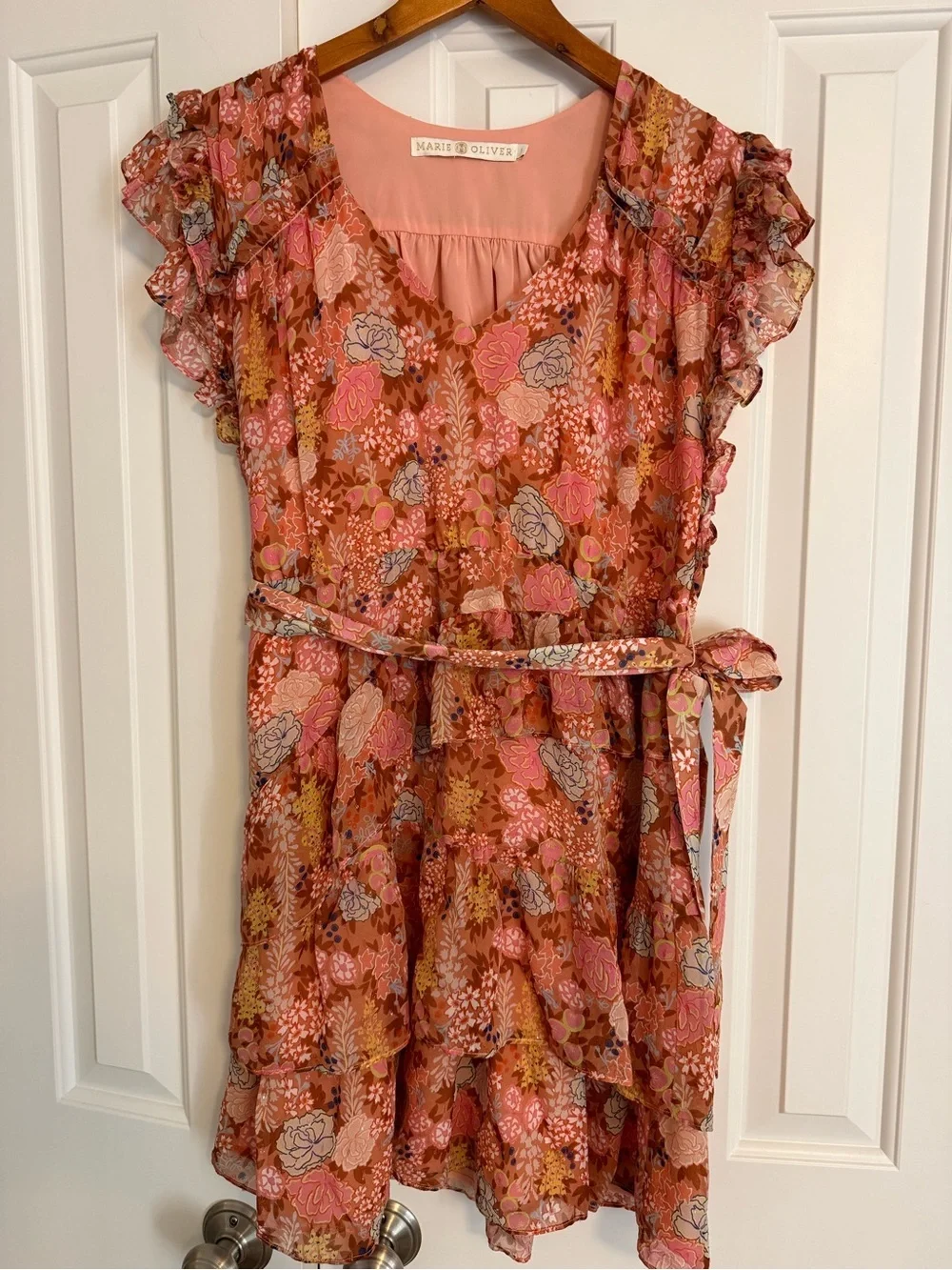 Marie Oliver Thea Ruffled Floral-Print Mini Dress Size Large Metallic Silk Blend