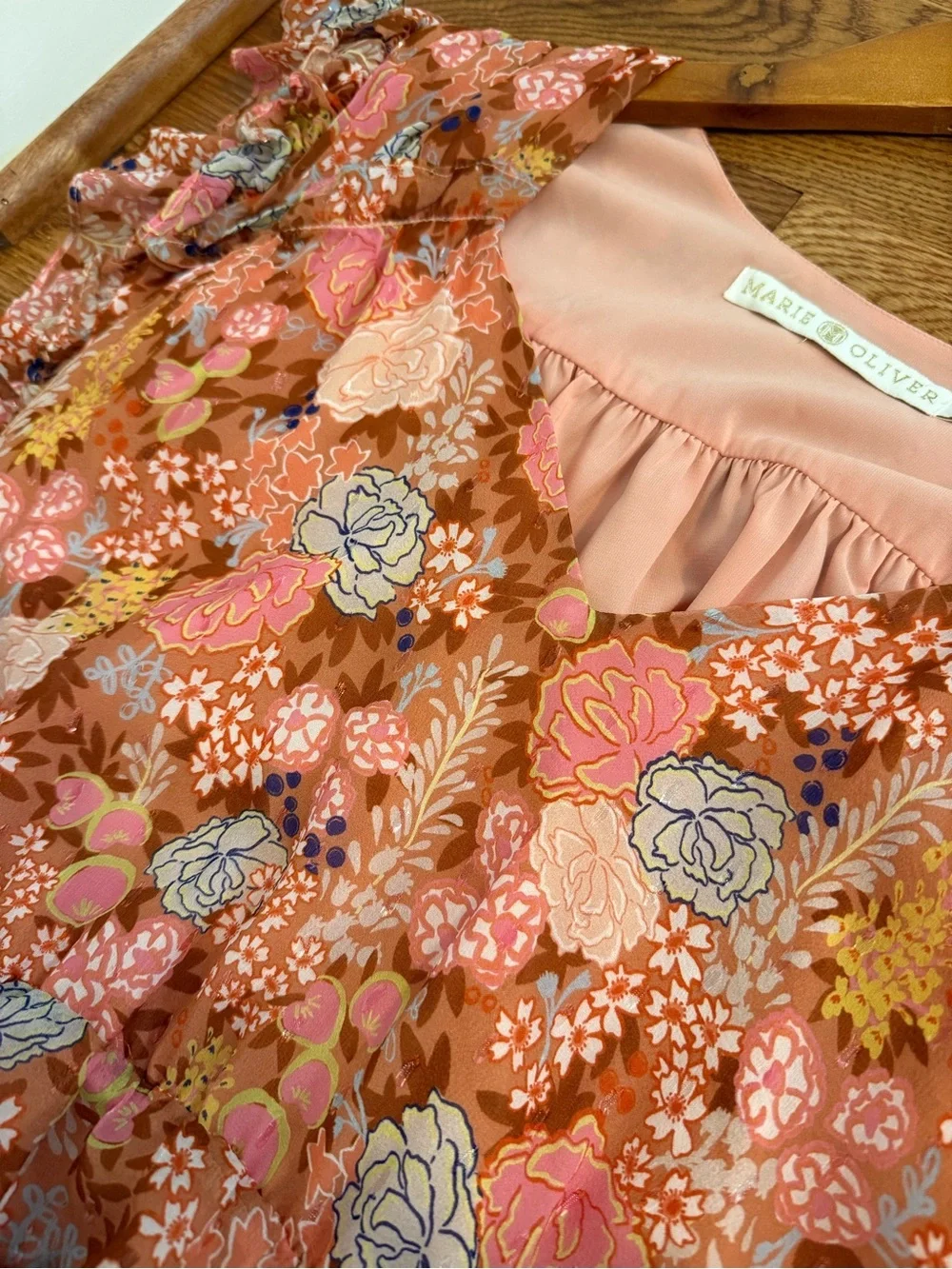 Marie Oliver Thea Ruffled Floral-Print Mini Dress Size Large Metallic Silk Blend