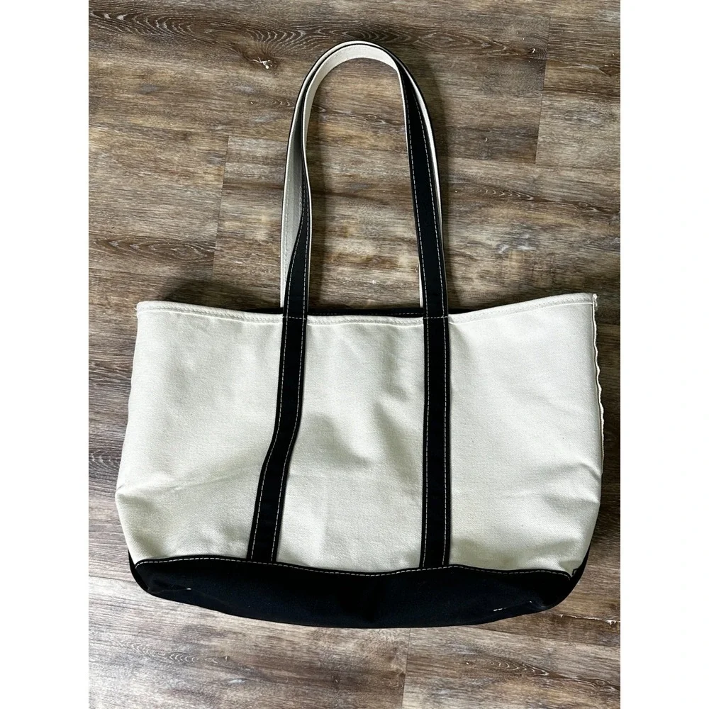 LL Bean Boat And Tote Bag Cream Black Dynasty Logo Zipper Top Large Shoulder