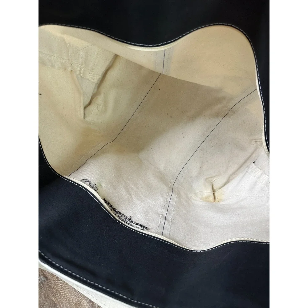 LL Bean Boat And Tote Bag Cream Black Dynasty Logo Zipper Top Large Shoulder