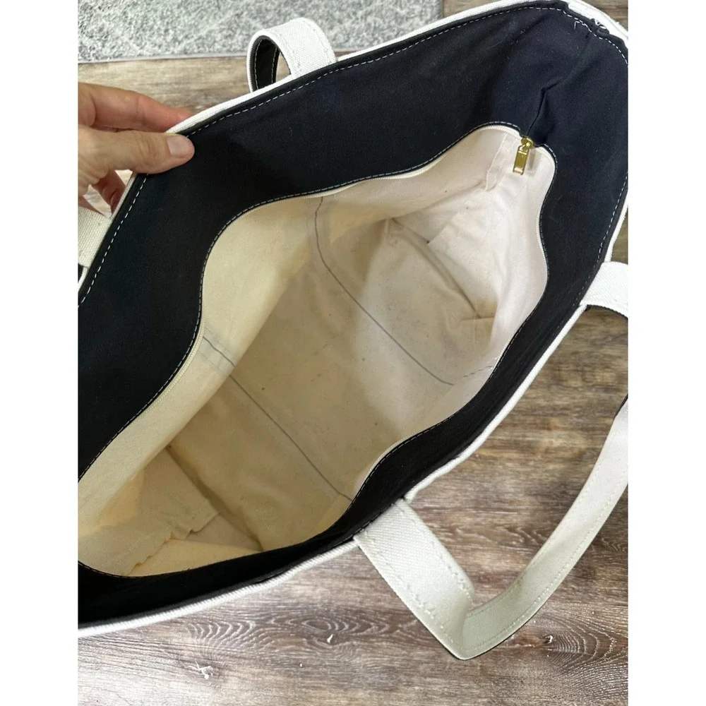 LL Bean Boat And Tote Bag Cream Black Dynasty Logo Zipper Top Large Shoulder