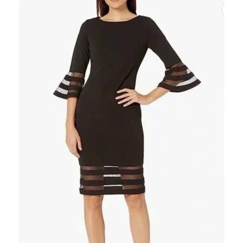 Calvin Klein Bell Sleeve Sheath Dress Illusion Sheer Mesh Striped Size 18W Black
