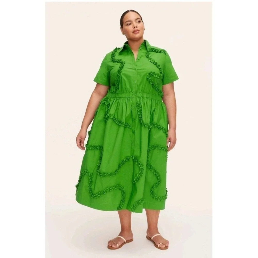 Kate Spade xTarget Green Ruffle Dress Midi Button‎ Front Short Sleeve Sz M