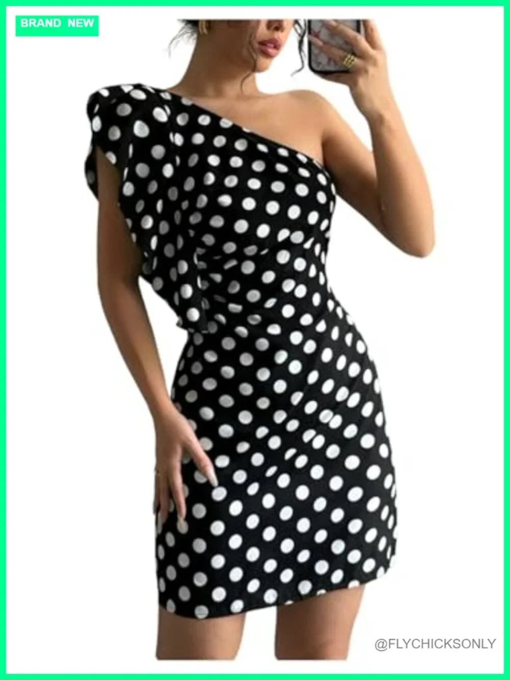 Women's Polka Dot Ruffle One Shoulder Bodycon Mini Dress