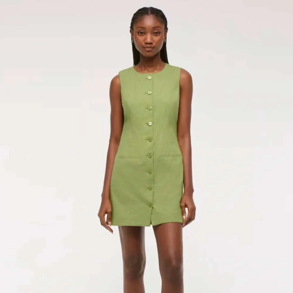 Abercrombie & Fitch Mara Green Linen Blend Button Front Mini Dress Tie‎ Back MP