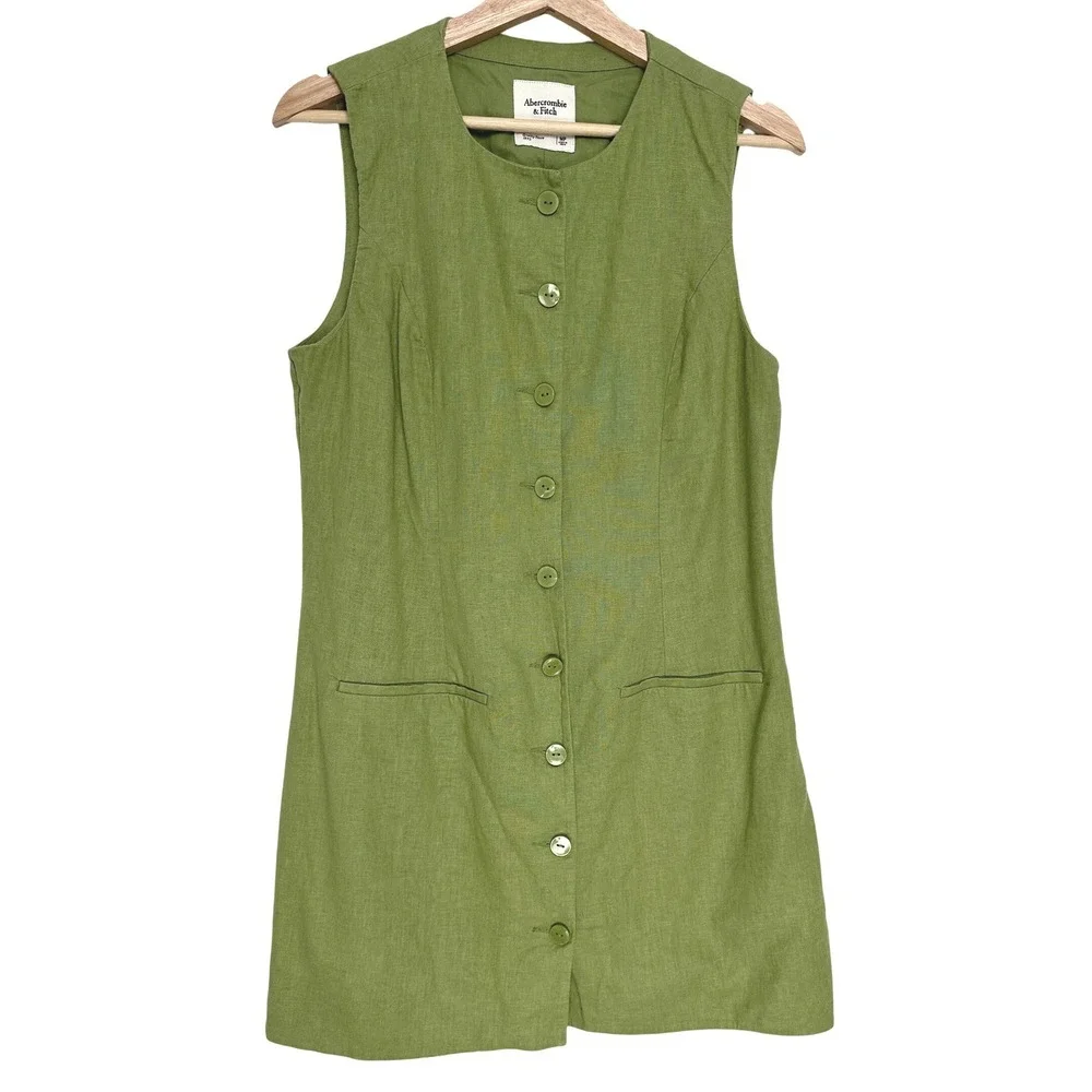Abercrombie & Fitch Mara Green Linen Blend Button Front Mini Dress Tie‎ Back MP