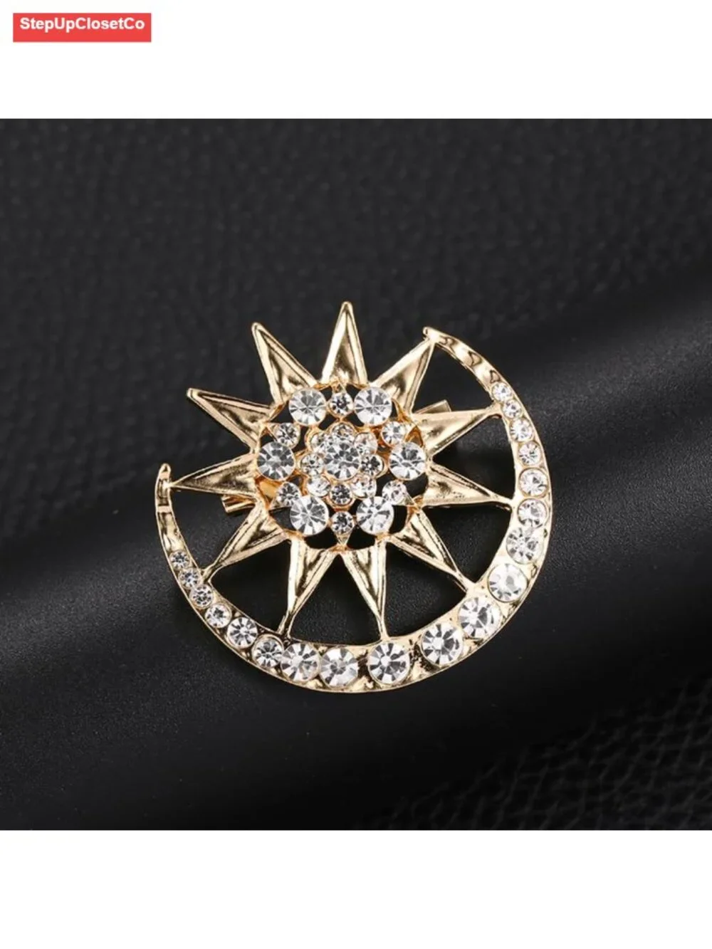 Crystal Sun Crescent Moon Brooch Pin Shiny Lapel Badge for Bag Hat Jacket