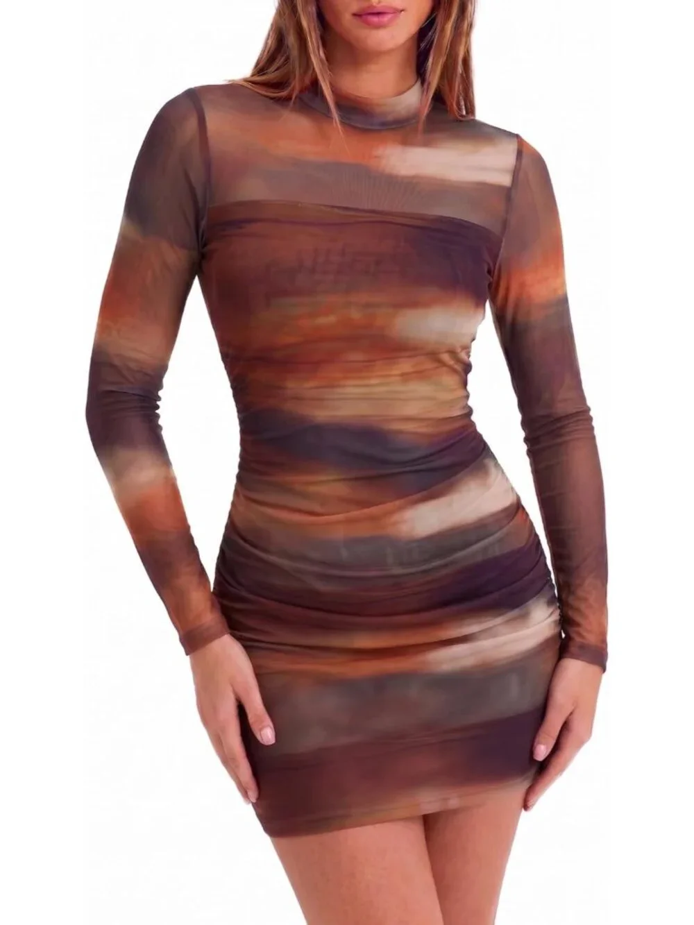 👗 Women's Brown2 Mesh Sheer Long Sleeves Dress Ruched Bodycon Mock Neck Dress