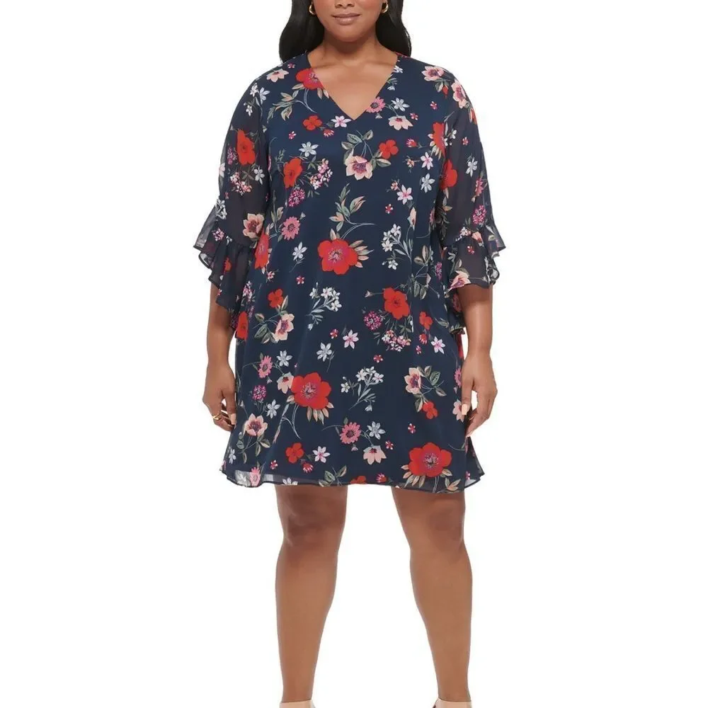 Calvin Klein Plus Size Navy Chiffon 3/4 Sleeve Shift Floral Dress Sz 16W NWOT