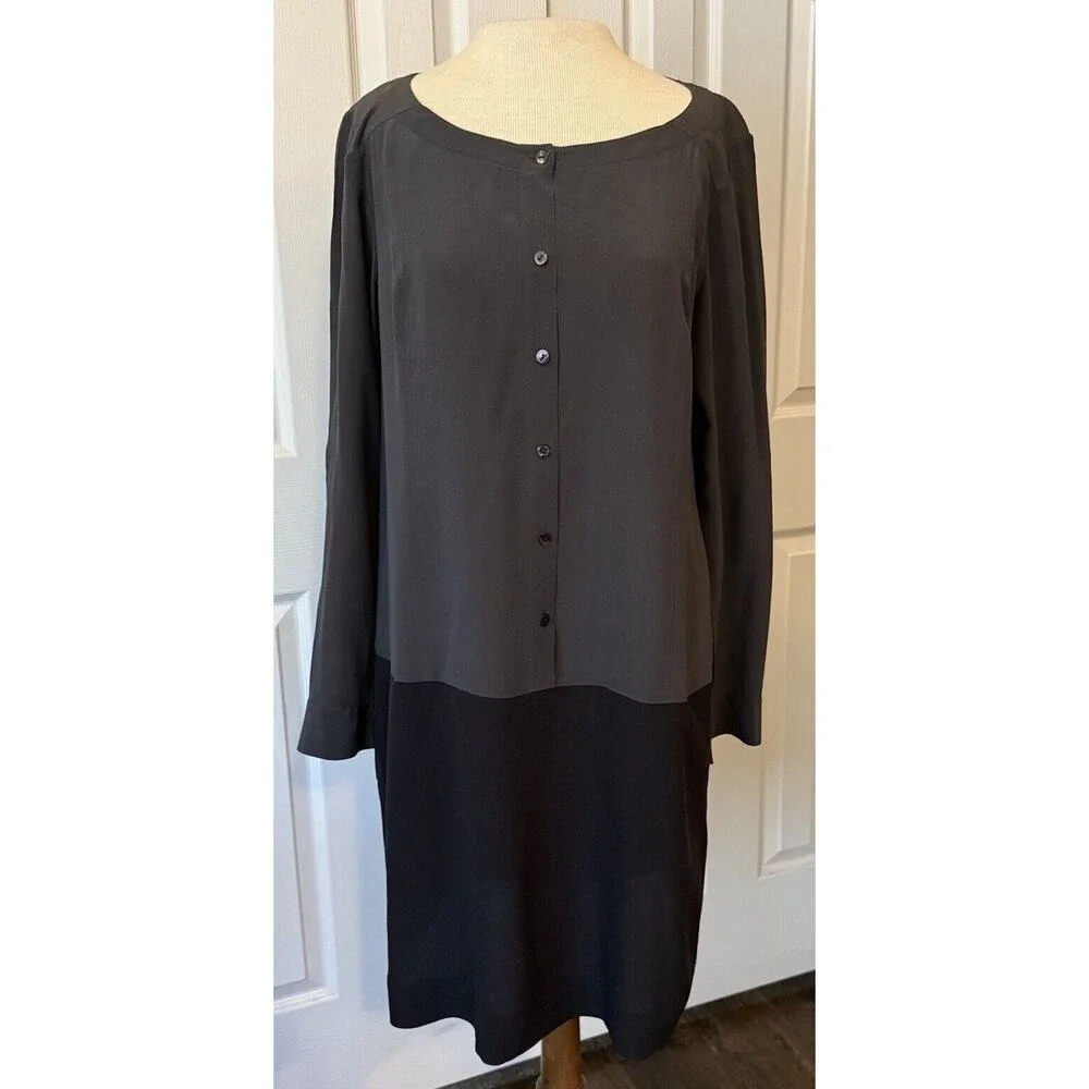 Eileen Fisher Dress Women Small 100% Silk Gray/Black Roll Tab Sleeve Oversize‎