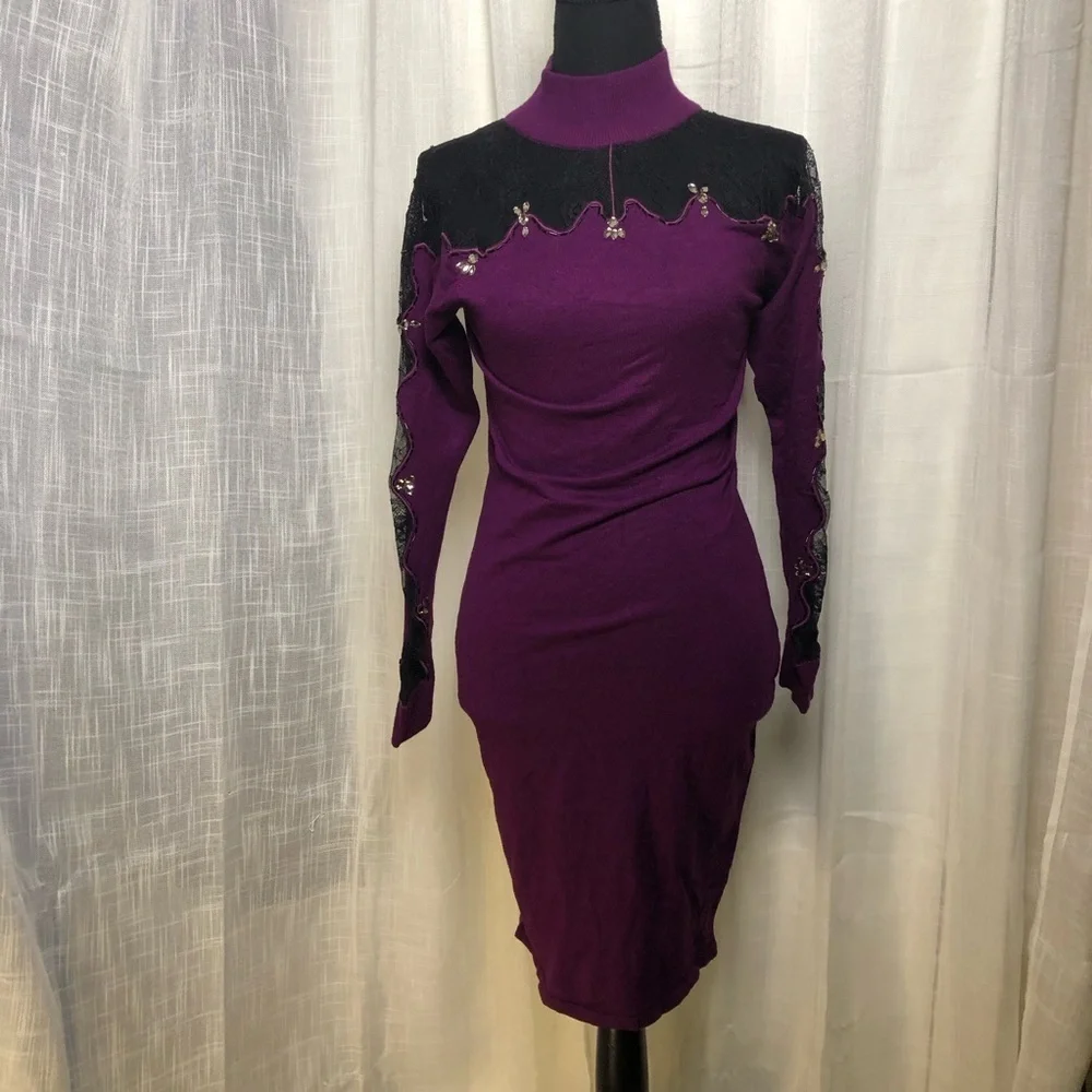 VENUS Purple and Black Lace Mini Sweater Dress NWOT