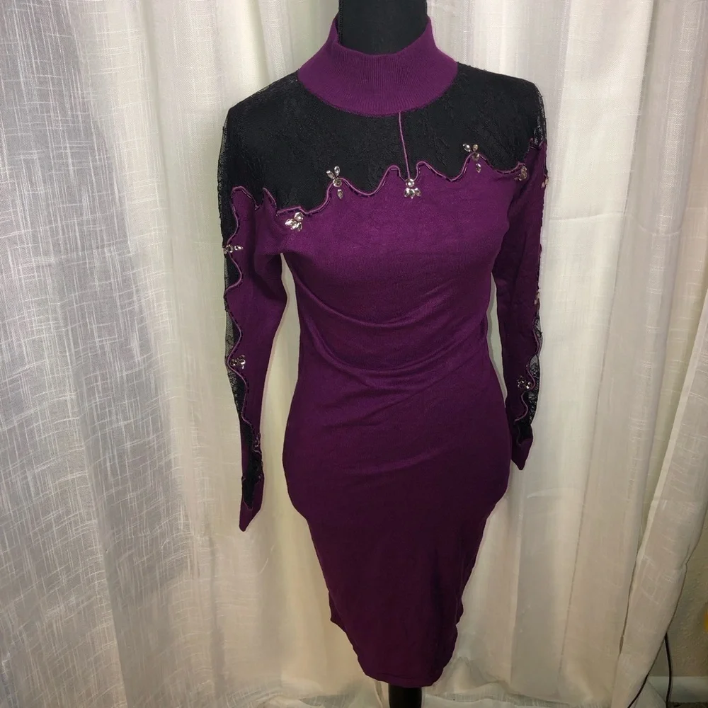 VENUS Purple and Black Lace Mini Sweater Dress NWOT