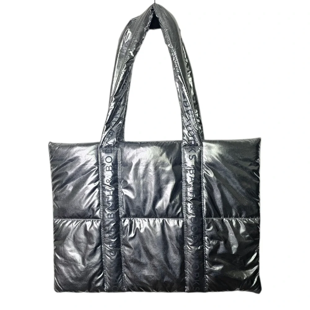 Bath &‎ Body Works Silver Puffer Tote Bag Black Friday 2024 Edition Logo Shiny