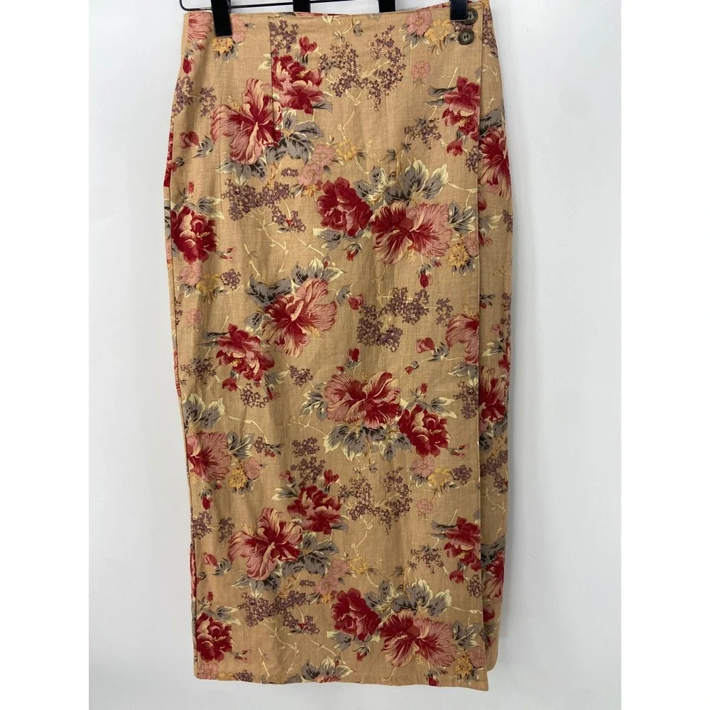 Vintage Cottagecore Floral Linen Skirt 12 Tan Country Wrap Midi Preppy Old Money