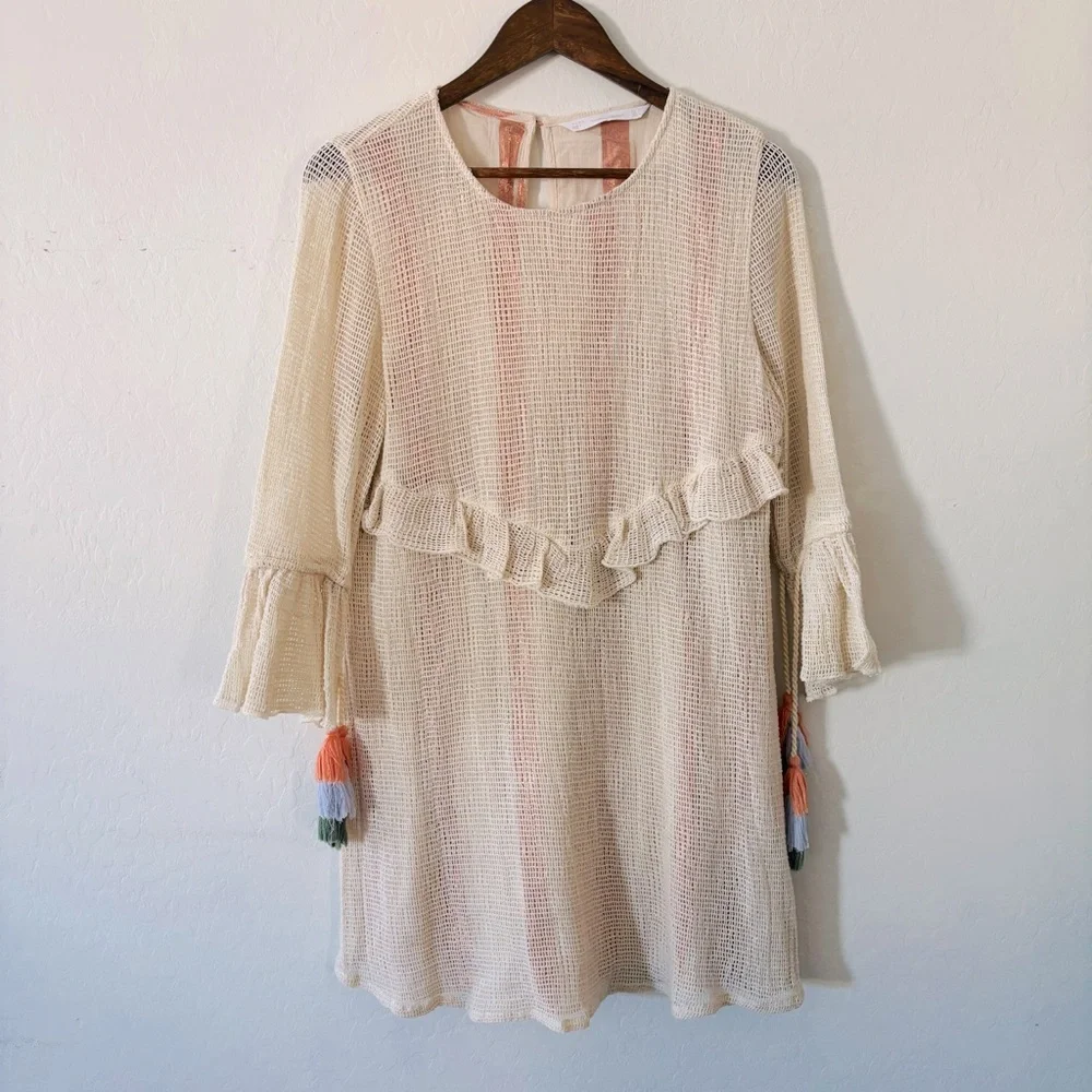 Zara Cream Mini Dress with Ruffle‎ and Tassel Accents Size Large