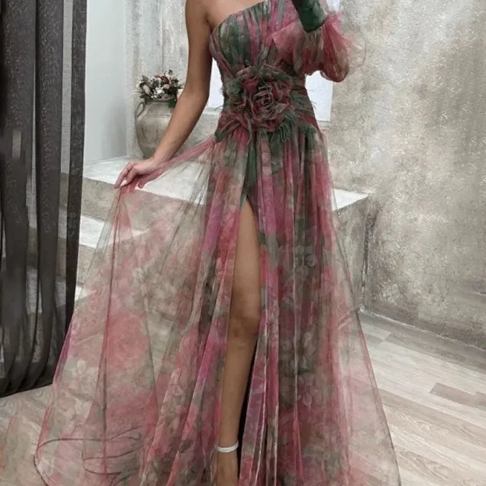 Elegant Mesh Floral One-Shoulder Dress