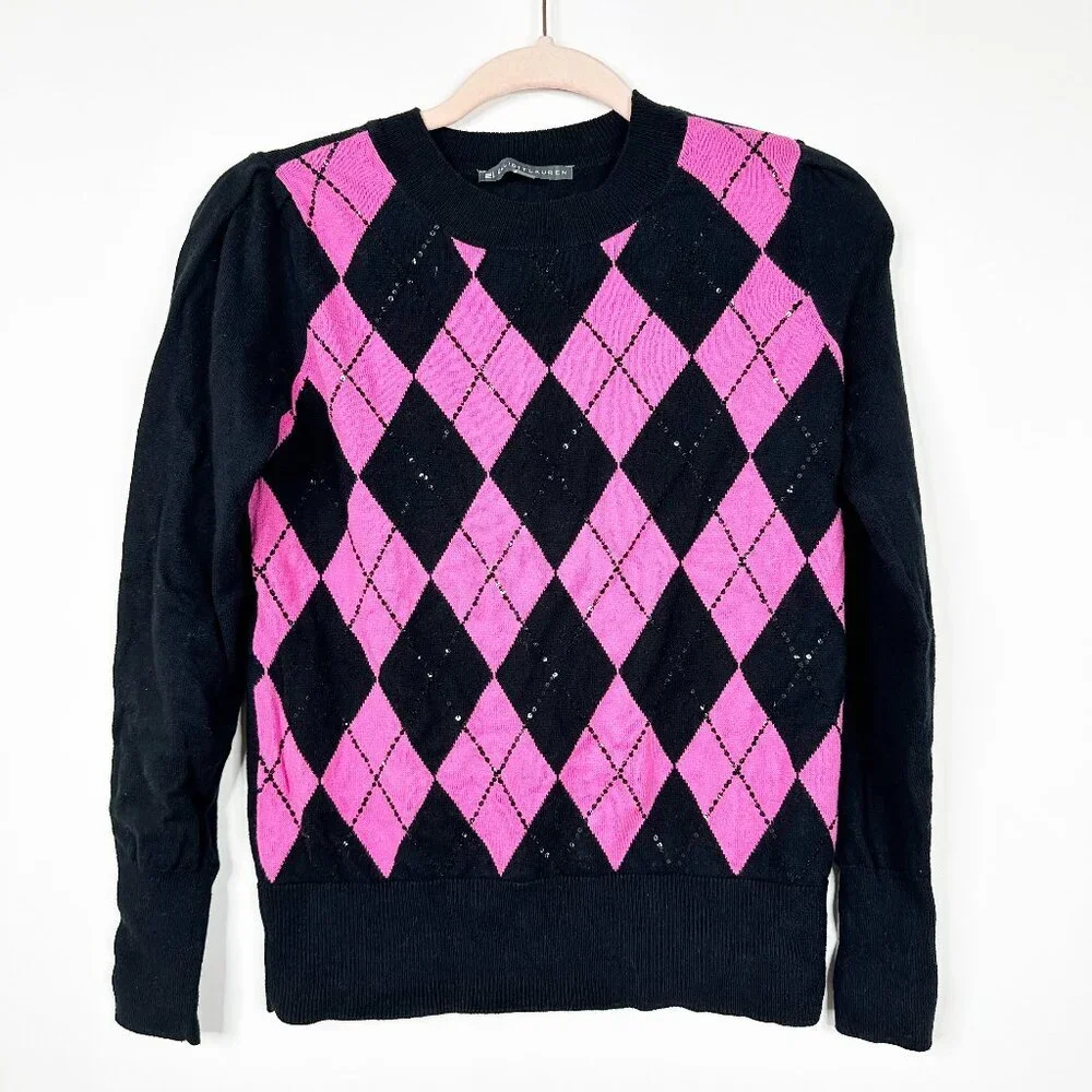 2/$30 Elliott Lauren Argyle Print Pullover Sweater Black Hot Pink XS #1555