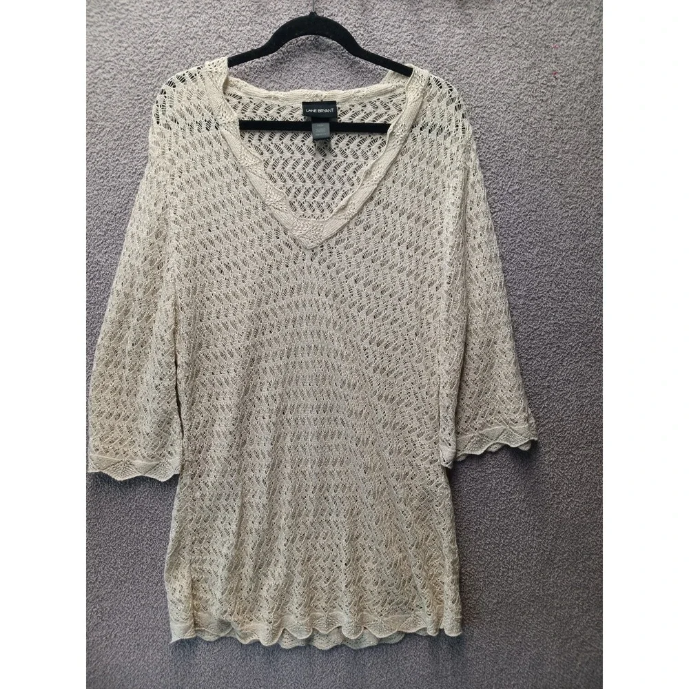 Lane Bryant Open‎ Knit Sweater 22/24 Cream Boho Sheer V Neck Plus Cottagecore