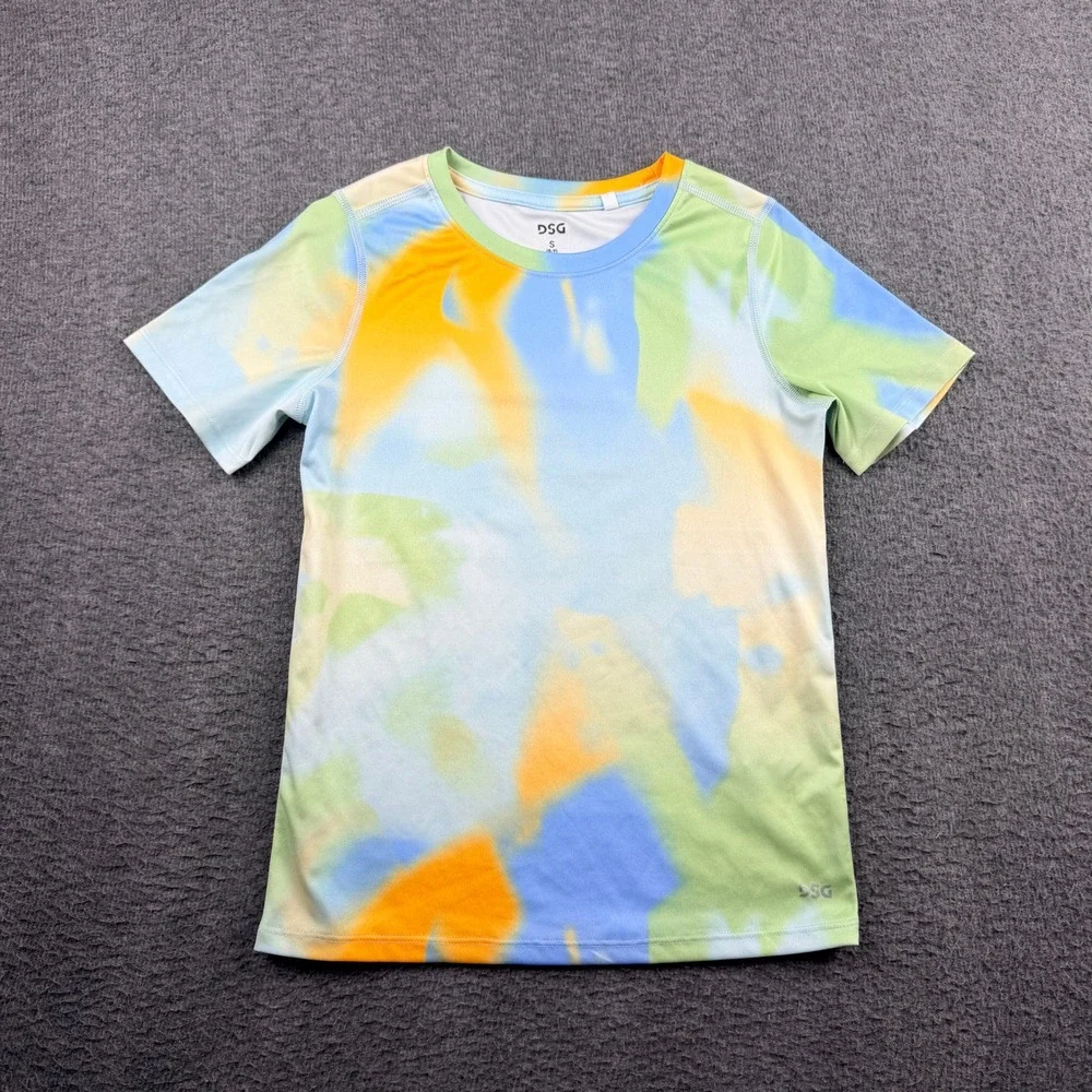 DSG Kids Performance T-Shirt Small 8-9 Blue Green Orange‎ Abstract Tie Dye Print