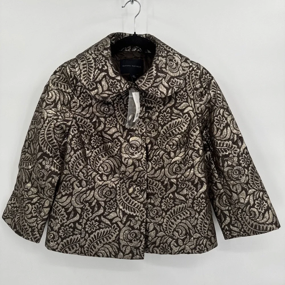 Banana Republic‎ Women Sz XS Gold Silk Brocade Metallic Blazer Swing Jacket NEW