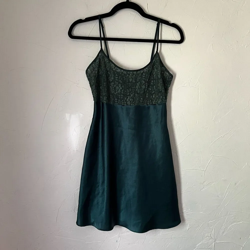 Vintage Victoria's Secret Dark Green Satin Lace Slip Dress Gold Label Size Small