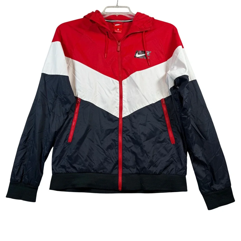 Nike Windrunner Jacket Mens Medium Red White Navy Blue Colorblock Hooded Zip‎