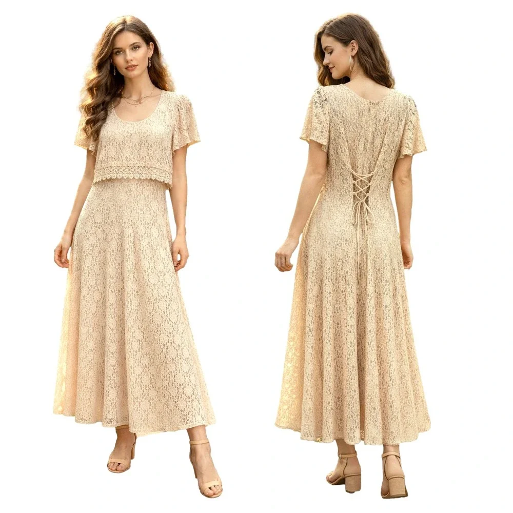 Vintage‎ Dawn Joy Womens Dress 9 10 Beige Lace Sheer Midi Cottage Wedding Nylon