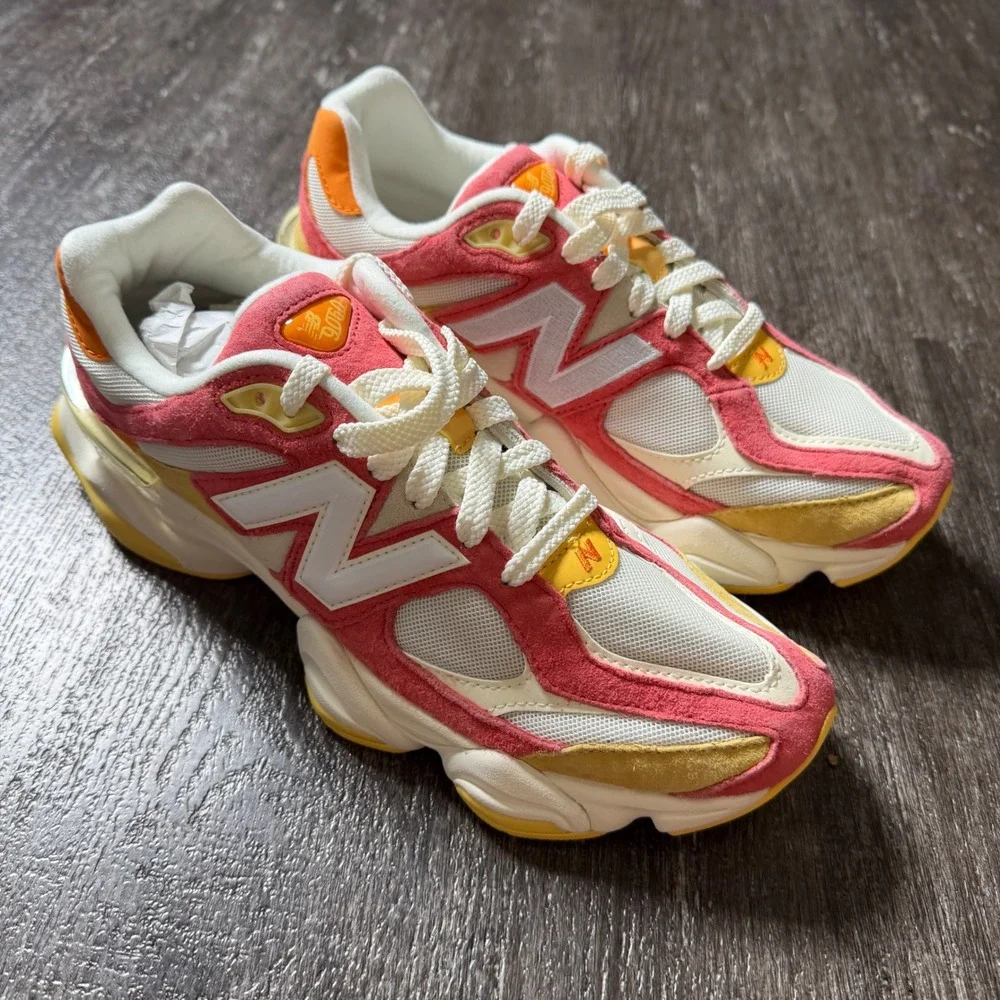 New Balance 9060 Sneakers Unisex 9M 10.5W Pink Orange Yellow U9060FLO Suede Mesh