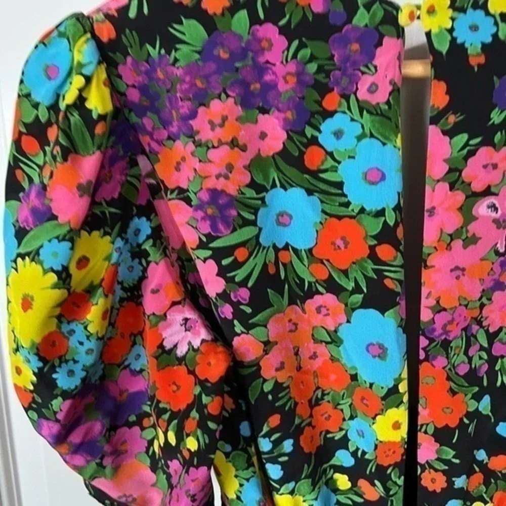 Les Reveries Kaleidoscope Black Multicolor Floral V-Neck Gigi Mini Dress 8 NWT‎