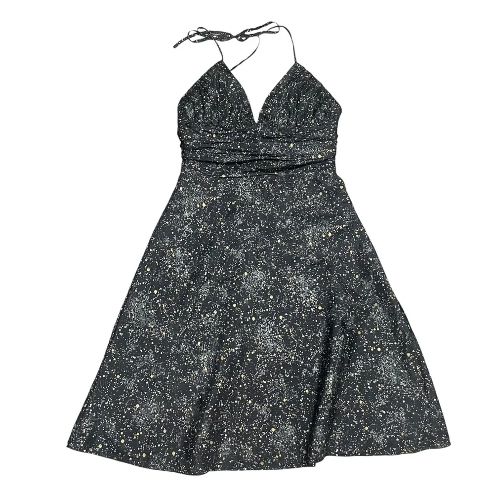Express Silk‎ Halter Dress | Black with Gold/Silver Metallic Splatter | Size 0