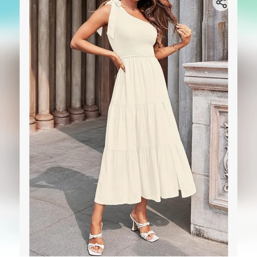 MEROKEETY One Shoulder Sleeveless Knot Smocked Midi Dress in Beige Size XL