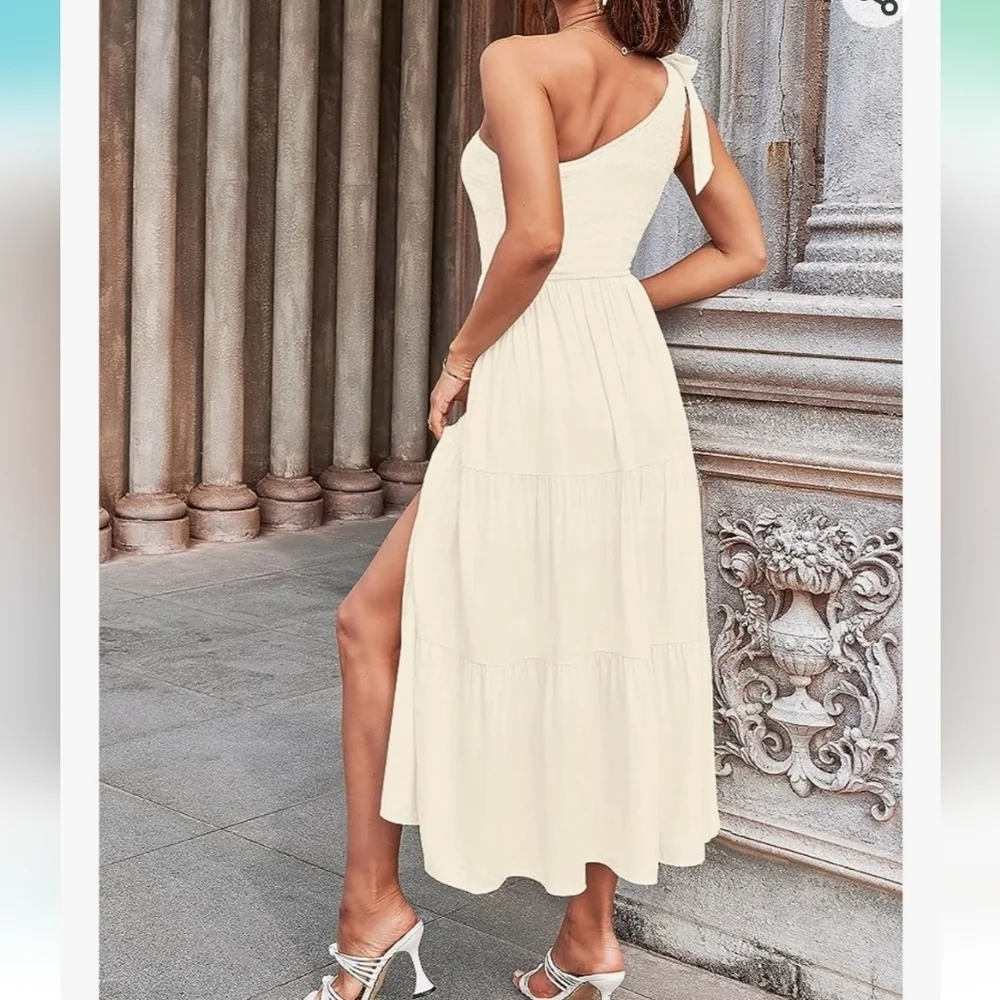 MEROKEETY One Shoulder Sleeveless Knot Smocked Midi Dress in Beige Size XL