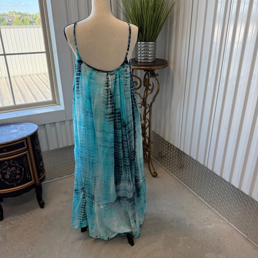 2CHIC Maxi‎ Dress Women One Size Blue Tie Dye Excellent Cotton Boho Tiered