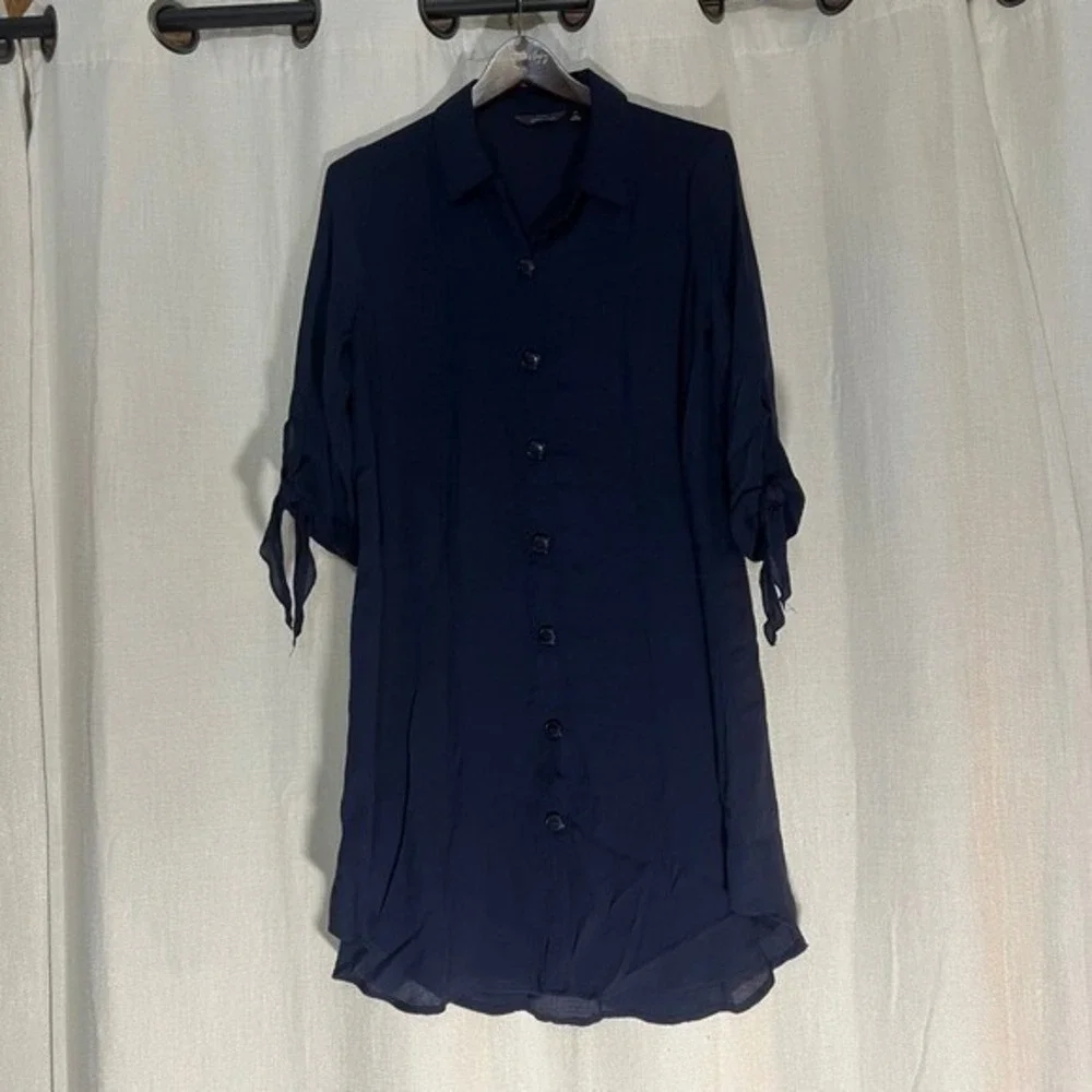 Mlle Gabrielle Women's Navy Blue‎ Button Down Dress Shirt Dress Tie Sleeve Sz PM
