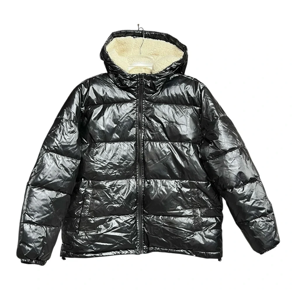 🌻NEW w/tag Levi’s Black Shiny Molly Sherpa Lined Puffer Jacket Women's Size XL