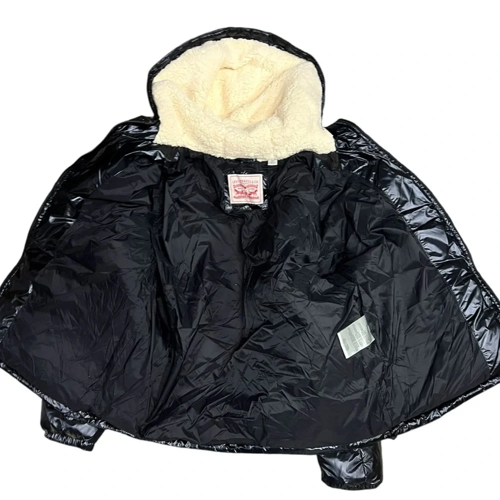 🌻NEW w/tag Levi’s Black Shiny Molly Sherpa Lined Puffer Jacket Women's Size XL