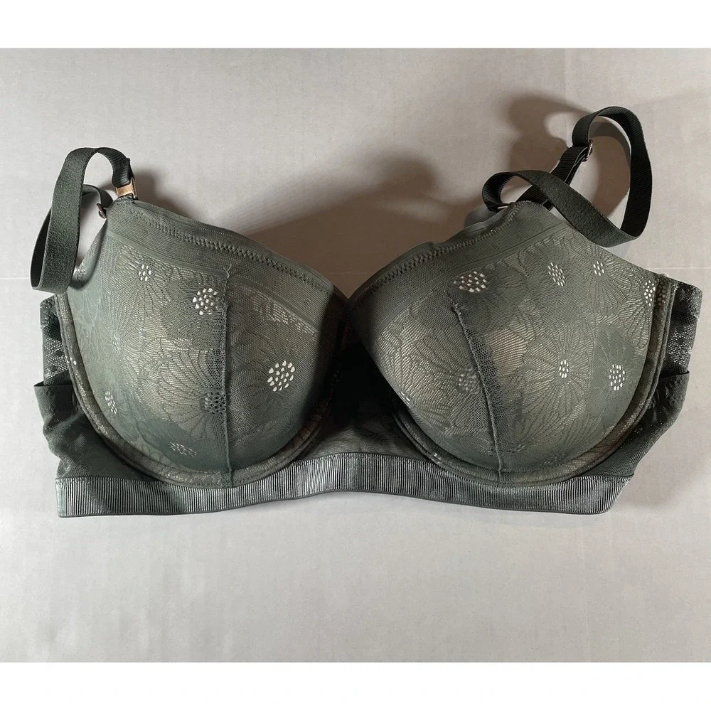 Aerie Real Power Balconette‎ Bra, Size 34DD, Green Floral Lace