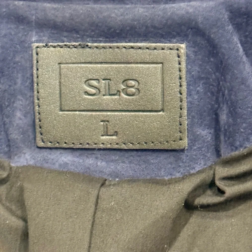 SL8 Navy‎ Blue Suede Leather Cropped Biker Jacket Womens Size L 18 P2P x 20 L