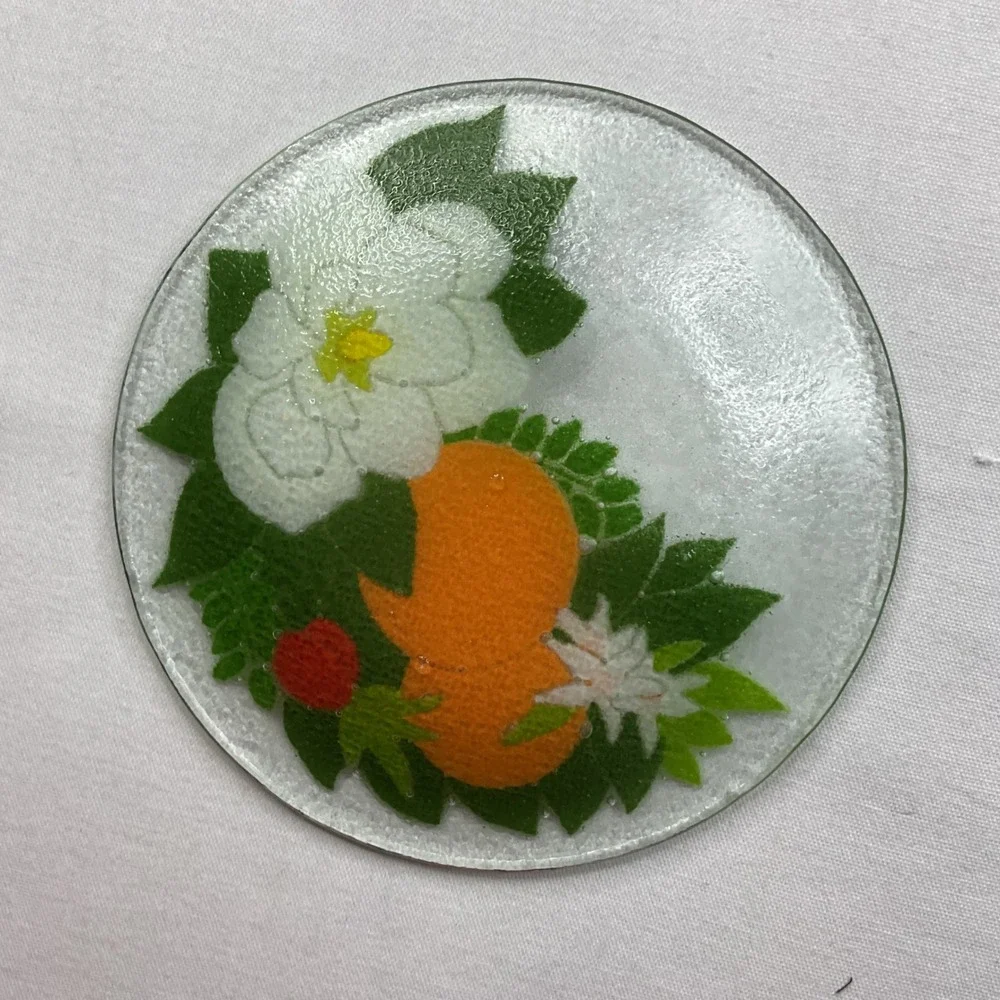 Peggy Karr‎ Signed Fused Glass Plate Oranges Magnolia Blossoms Citrus Art Glass