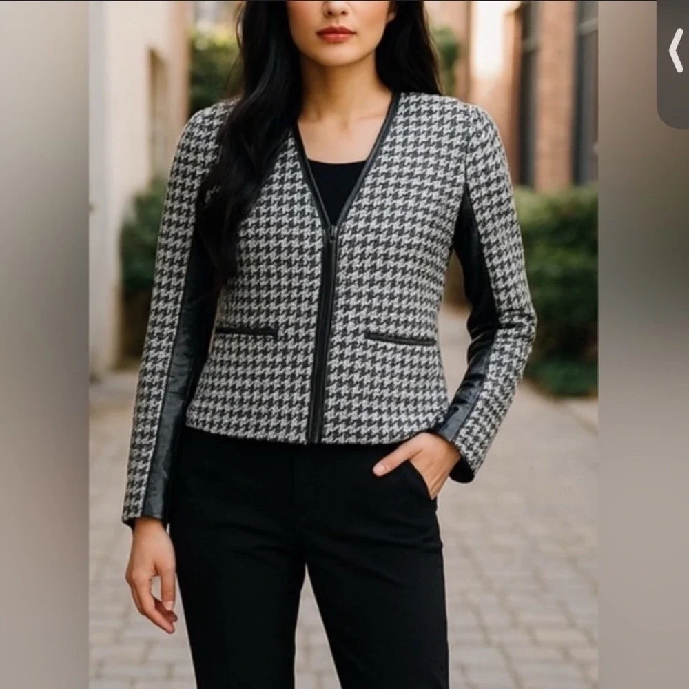 St John Collection Houndstooth Luxury Business Casual Jacket Black White Size 16
