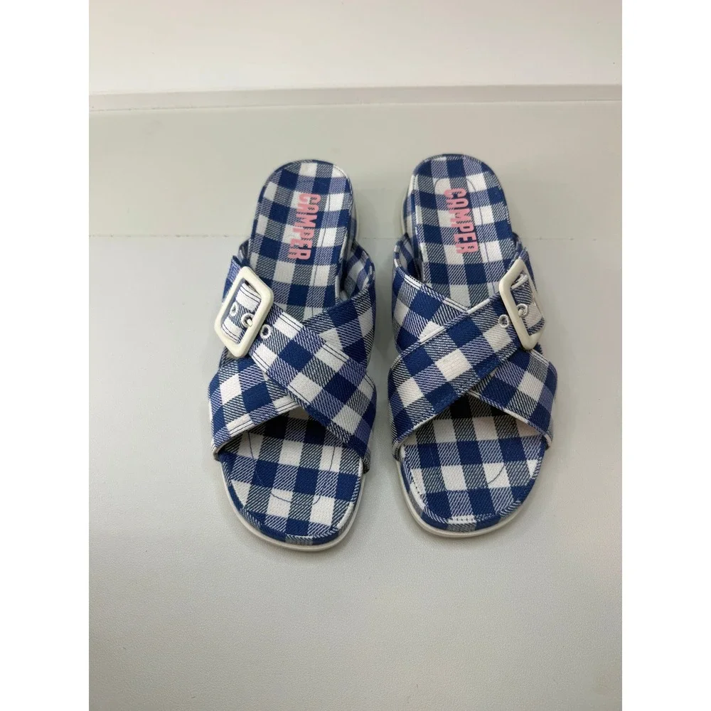 Camper Atonik Gingham Slide‎ Sandals Blue White Runs Small EU 37 US 7 NEW